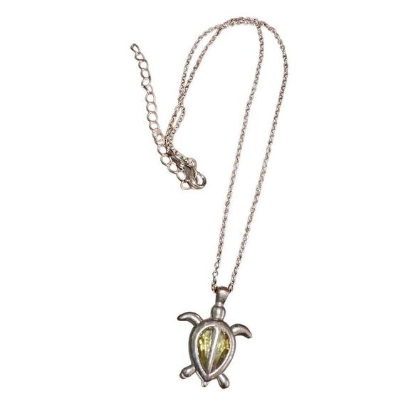 Upcycled Silver and Green Crystal Turtle Necklace - Picture 1 of 4